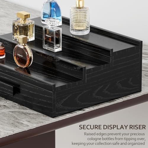 Hrbjunuo Solid Walnut Cologne Organizer for Men,3 Tier Cologne Stand,Wooden Cologne Holder Display Shelf with Drawer Storage and Hidden Compartment,Black Perfume Stand Organizer,Gifts for Men Husband - Thumbnail 6