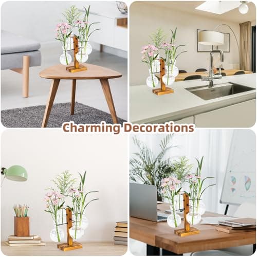 Plant Propagation Station with Wood Stand, Propagation Vases for Plants, Terrarium Kit for Home Office Garden Decor, Gifts for Plant Lovers - 4 Bulb Glass Vases - Thumbnail 6