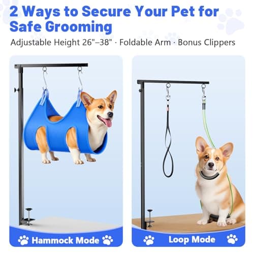 AUORC Dog Grooming Arm with Hammock, Adjustable 26"-38" Foldable Grooming Table Arm with Clamp & 2 No-Sit Holders, Heavy Duty for Small & Medium Dogs, Includes Nail Clippers (Table Not Included) - Thumbnail 3