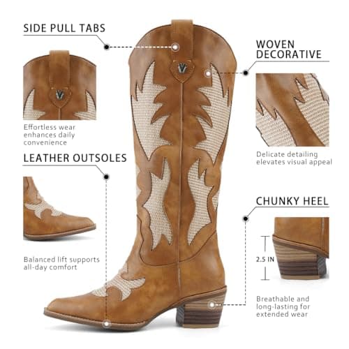 QIV Brown Cowboy Boots for Women Western Mid Calf Pointed Toe Chunky Heel Cowgirl Boots with Embroidered Size 10 - Thumbnail 4