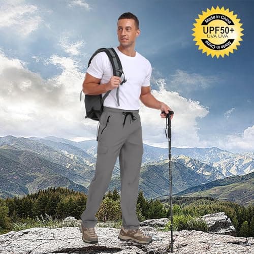 AGVNG Hiking Pants Men Waterproof Quick Dry Cargo Pants with 4 Pockets Elastic Waist Drawstring UPF 50+ Lightweight Work Casual Athletic Running Dark Grey XL - Thumbnail 3