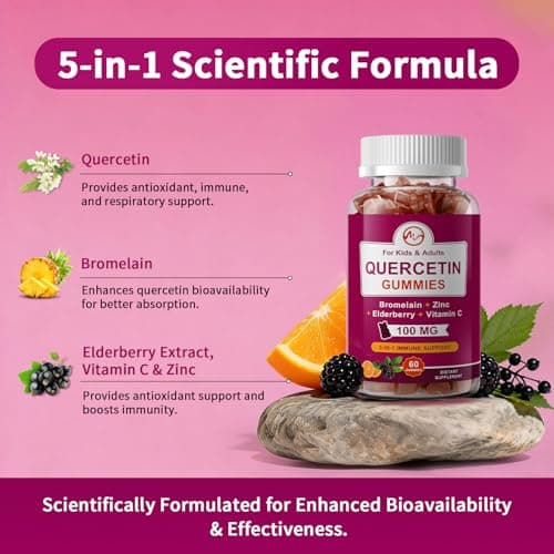 M inch (2 Pack) Quercetin Gummies with Bromelain, Elderberry, Zinc and Vitamin C - Chewable Quercetin 100mg Supplement for Immunity, Allergy, Aging Support - Vegan Gummies for Adult & Kid - Thumbnail 4