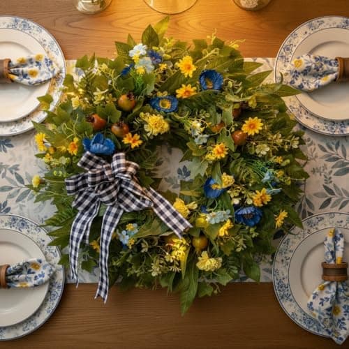 WANNA-CUL 24 Inch Year Round Spring Summer Wreaths for Front Door, Blue Yellow Floral Door Wreath with Pomegranates Daisy - All Season Decorative Wedding Wall Wreath Indoor Outdoor Farmhouse Decor - Thumbnail 3