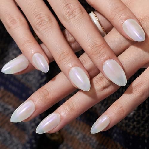 GLAMERMAID Press on Nails Short Almond, White Pearl Chrome Spring Summer Handmade Gel Glue on Nails, 24Pcs Glossy Short Stiletto Reusable UV Finish Fake Nails Acrylic False Nail Manicure Kit for Women