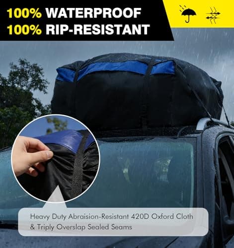 Cyfie Car Rooftop Cargo Carrier Bag, 15 Cubic Feet Waterproof Heavy Duty 420D Oxford Cloth Car Roof Luggage Cargo Storage Bag for All Vehicles with/Without Rack (Black and Blue) - Thumbnail 2