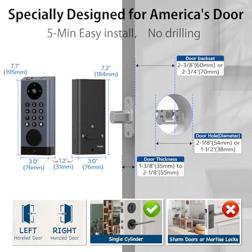 Smart Lock with Camera & Video Doorbell eLinksmart Keyless Entry Deadbolt with PIR Motion Detection, Built-in WiFi No Hub, Fingerprint Keypad Tuya App Alexa, 365-Day Battery, for Front Door - Thumbnail 6
