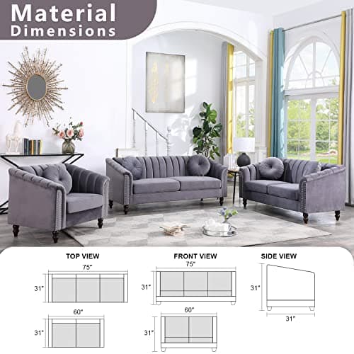 FUOROLA Chesterfield Velvet Sofa Set, Button Tufted Velvet Sofa Living Room Couch with Nailhead Trim, 3 Piece Living Room Furniture Set (Grey) - Thumbnail 6