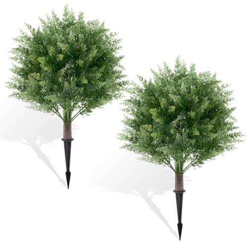 Topotdor 23.6" Artificial Cypress Topiary Trees with Ground Spike, Set of 2 Fake Shrub Bushes, UV Resistant Artificial Plants for Outdoor Indoor Front Porch Home Garden Patio Decor - Image 1