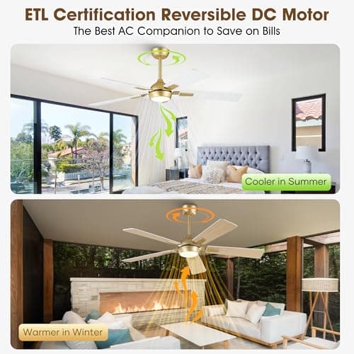 Vaczon 52" White Gold Ceiling Fan with Light and Remote, DC Motor Ceiling Fan with LED Light, 6-Speed Reversible, Dimmable 3CCT, Modern Ceiling Fan for Bedroom Living Room - Thumbnail 5