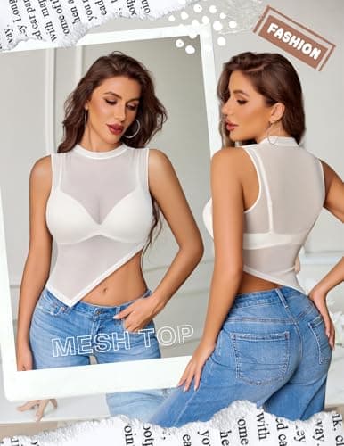 Avidlove Women Camisole Tops Sheer Mock Neck Tank See Through Summer Mesh Shirts Asymmetrical Top Clubwear White XX-Large - Thumbnail 2