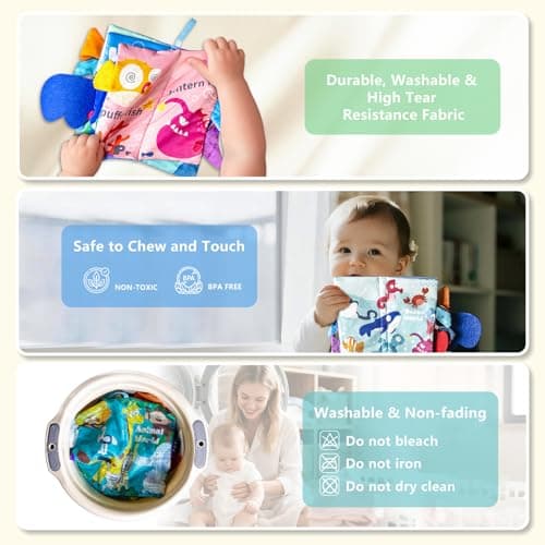 KIDS KING Soft Book Toys for Babies 0-18 Months, 2PCS Crinkle Cloth Books – Animals and Ocean Themes, Tails Sensory Book with Rings for Hang, Montessori Early Learning Infant Toy for 0-6-12-18 Month - Thumbnail 4