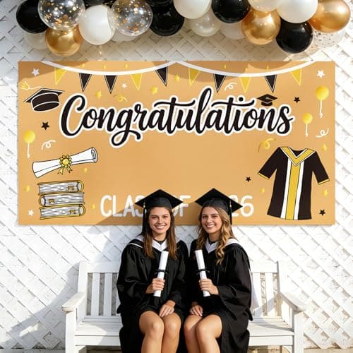 2026 Graduation Decorations - Graduation Banner DIY - Class of 2026 Congratulations Congrats Banner, 61 x 32 Inch Black and Gold Photo Backdrop for Kindergarten High School College Party Wall Decor - Thumbnail 6