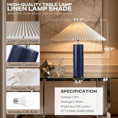 EOEYYOYB Ceramic Table Lamps for Bedroom Set of 2, Adjustable Shade Lamps for Night Stands, Modern Cylindrical Nightstand Table Lamps 5W E26 for Bedroom Bedside Buffet, Blue - Thumbnail 4