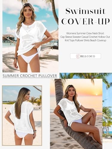Bellcoco Beach Vacation Clothes for Women Summer Cruise Outfits Spring Short Cap Sleeve Sweaters Womens Sexy Crochet Hollow Out Resort Wear Tops 2026 Beach Coverups Flower White Medium - Thumbnail 5