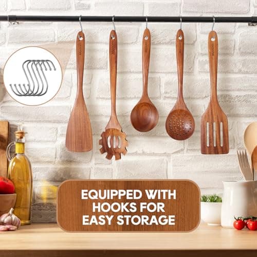 Wooden Spoons for Cooking, 10 PCS Teak Wood Cookware Utensil Set with Hooks - Smooth Finish, Non-Stick, Comfortable Grip, Heat Resistant Kitchen Utensils Gift Box - Thumbnail 6