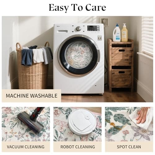 Pink Rugs for Bedroom Girls: Floral 5x7 Washable Area Rug for Nursery Kids Room Living Room Boho Decor - Soft Non-Slip Non-Shedding Carpet - Thumbnail 6