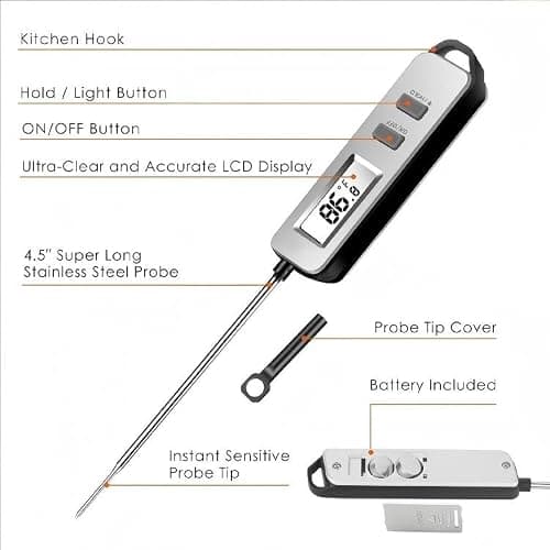 Digital Meat Thermometer, Paysean Instant Read Food Thermometer with 5.2" Probe, ±1°C High Accuracy Cooking Thermometer Auto-Off, LCD Display, for Kitchen, BBQ, Baking, Sourdough, Candy Making - Thumbnail 4
