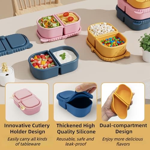 DRNKNSTX 3 Pack Reusable Silicone Snack Containers with Lids, 8.5oz 2 Compartment Snackle Box Containers, Ideal Portable Small Snack Pack Containers for School, Office and Picnic (Blue, Pink, Yellow) - Thumbnail 5