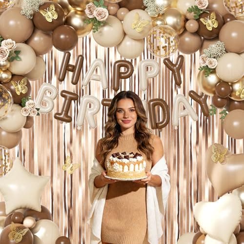 Brown Birthday Decorations, Brown Tan Beige Gold Foil Confetti Balloons Happy Birthday Banner Gold Butterfly Fringe Curtains Birthday Decorations for Women Girls - Thumbnail 6