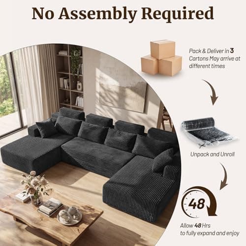 Boneless Couches for Living Room - 134" Modular Sectional Sofa U Shaped Oversized Deep Seat High Back Corduroy No Assembly Modern Cloud Big Comfy Floor Couches (Grey) - Thumbnail 5