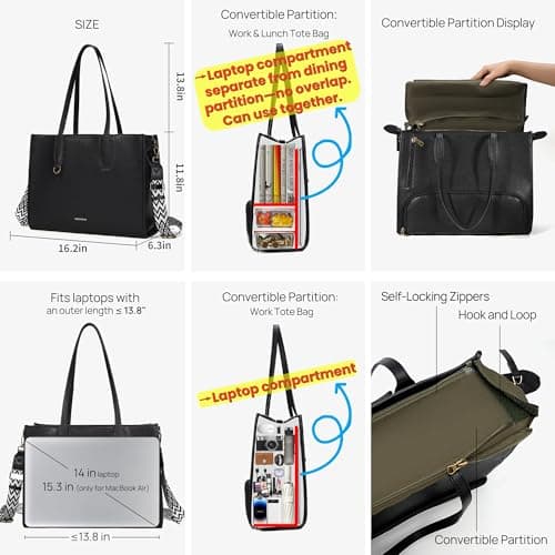 buyborgood Women’s Large leather Work Tote Bag with 14" Laptop Compartment Insulated Lunch Box, Black - Thumbnail 5