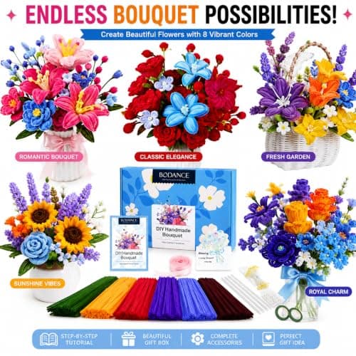 BODANCE 600Pcs DIY Pipe Cleaner Flower Bouquet Kit with Gift Box, Pastel Chenille Stems Craft Bulk for Kids & Adults, Floral Tape Stems Included, Handmade Forever Flowers Art Craft Supplies (Drak) - Thumbnail 2