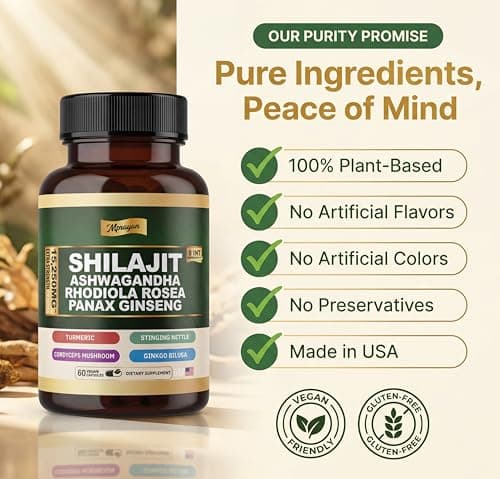 MPRAYAN Shilajit Ashwagandha Capsules – 8 in 1 Adaptogen Complex for Energy, Focus & Stress Support with Rhodiola Rosea, Panax Ginseng, Cordyceps – Natural Herbal Supplement | 60 Vegan Capsules - Thumbnail 3