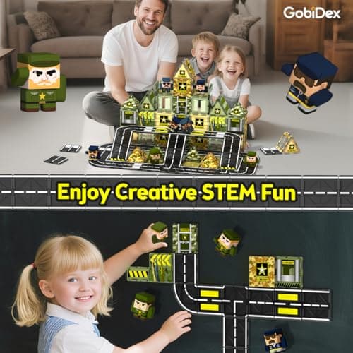 GobiDex 100PCS Army Magnetic Tiles Building Set for Kids, STEM Military Magnetic Building Blocks with 6 Magnetic Army Men, Educational Construction Toys Gift for Boys Girls 3 4 5 6 7 8 9+ Year Old - Thumbnail 4