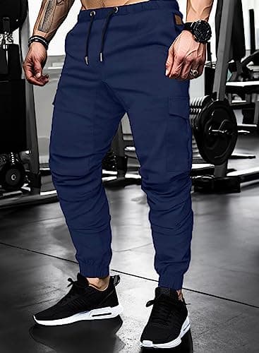 JMIERR Men's Fashion Cargo Pants - Casual Cotton Tapered Stretch Twill Chino Athletic Joggers Sweatpants Lightweight Drawstring Workout Trousers Travel Pants with Pockets for Men, US 34(M), A Blue - Thumbnail 3