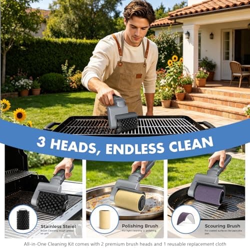 Electric Grill Brush, Cordless BBQ Cleaner, 3-Speed & Angle Adjustable, 3-in-1 Kit with Gloves, Reinforced Bristles, 150Mins Runtime, Removable & Dishwasher Safe for Outdoor BBQ Grates (Light Gray) - Thumbnail 4