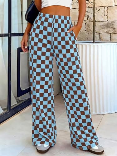 BTFBM Womens Checkered Palazzo Pants Wide Leg High Waisted Pockets Gingham Casual Lounge Pajama Trousers Summer Outfits(Plaid Coffee Blue,Large) - Thumbnail 5