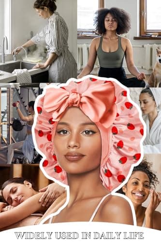 Vettres Hair Bonnet for Sleeping Satin Bonnets Silk Sleep Bonnet Double Layer Satin Bonnet with Tie Strawberries - Thumbnail 6