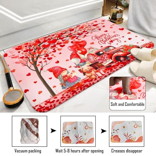 Lutto Valentines Day Bathroom Set, Red Polyester Shower Curtain with 72x72 Inch Size, Includes 12 Hooks and Anti-Slip Bath Mat, Modern Valentines Day Decor for Bathroom - Thumbnail 6