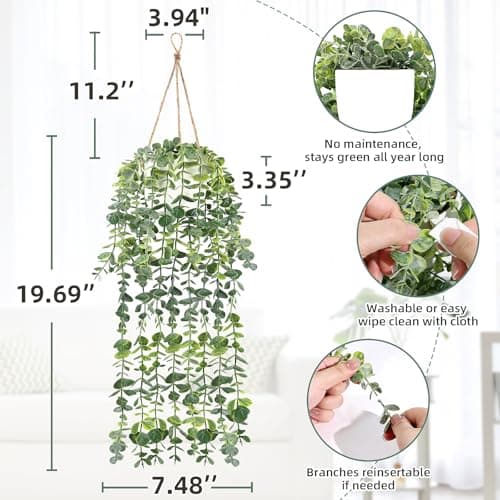 2 Pcs Fake Hanging Plants, Artificial Hanging Vines Plant, Faux Potted Eucalyptus Plants, Boho Home Decor for Indoor Outdoor, Wall Shelf Office Living Room Bedroom Bathroom Farmhouse Decorations - Thumbnail 2