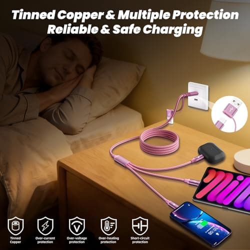 MPATIBY 6 in 1 Multi Charging Cable for Multiple Devices, Travel Cruise Essentials, Car Charger USBA/USB C Cable Phone Charger Cord for iPhone17-12, Galaxy S26/Android/iPad and More (2Packs, 5FT) - Thumbnail 4