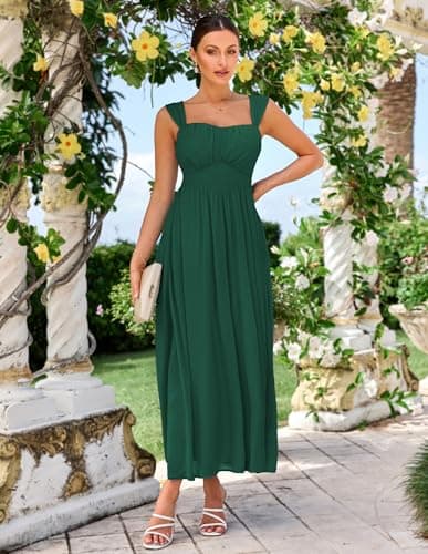 GRACE KARIN Summer Dark Green Dress for Women 2026,Off the Shoulder Smocked Bridesmaid Dresses,Formal Baby Shower Maxi Dresses L - Thumbnail 3