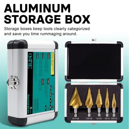 OSTTE 5PCS Step Drill Bit Set with Two Spiral Grooves, 50 Sizes (3/16" to 1-3/8") HSS Titanium Coated Step Bits for Metal, Aluminum, Wood & Plastic - with Aluminum Case for Electricians & DIY - Thumbnail 6