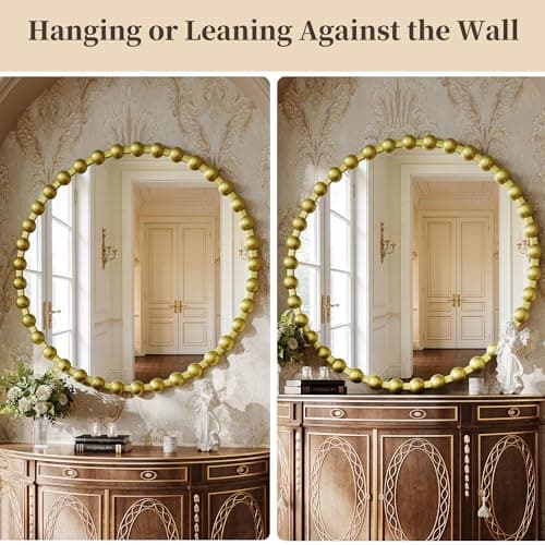 WISSMIELS Round Vanity Mirror for Wall, 36 Inch Beaded Frame Circle Mirror for Bathroom, Bedroom Dresser, Entryway, Living Room, Decorative Hanging Wall Mirror, Gold - Thumbnail 5