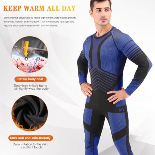 MeetHoo Mens Thermal Underwear Set Fleece Lined Base Layer Sports Long Johns Winter Gear Running Skiing Blue - Thumbnail 2