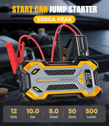 Car Jump Starter, VACASSO 5000A Car Battery Jump Starter for Up to 10L Gas and 8L Diesel Engines, 12V Portable Jumper Starter Power Pack with Booster Car Starter Jump Box, LED Light, Jumper Cable - Thumbnail 2