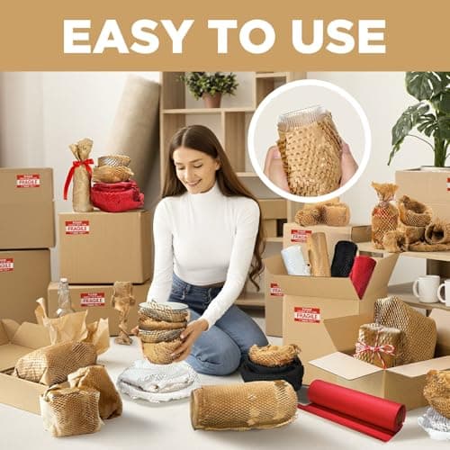 Honeycomb Packing Paper, 12"x150' Brown | Perforated Honeycomb Packing Paper Recyclable Moving Supplies for Shipping & Moving | Plastic-Free Alternative to Bubble Cushion Wrap with 36 Fragile Stickers - Thumbnail 6