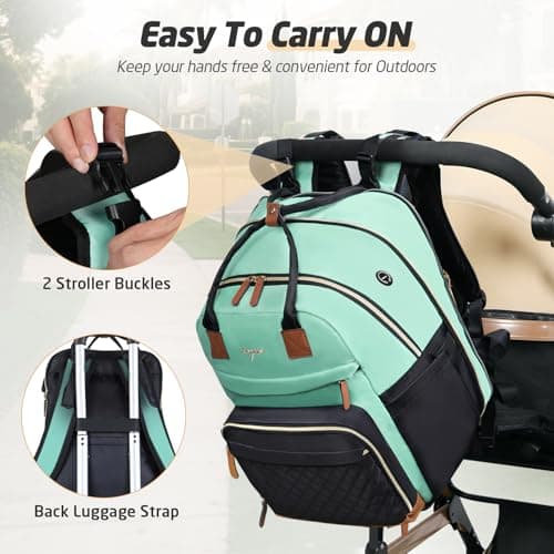 Tonyeee Diaper Bag Backpack - Extra Large Diaper Bag for 2 Kids Twin, Travel Baby Bags for Mom Dad 25-37L Expandable with Changing Pad Earphone Hole, Green Black - Thumbnail 6