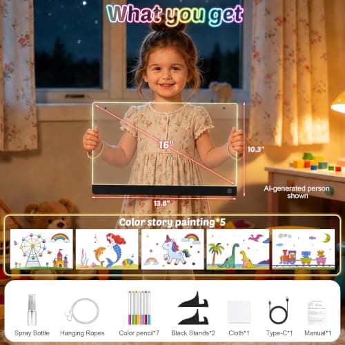 16-Inch LED Drawing Board for Kids | Light Up Doodle Board Glow Drawing Tablet | Reusable Kid Drawing Pad Toy | Arts Supplies Crafts for Kids Ages 4-8 | Creative Art Birthday Gifts for Girls Boys - Thumbnail 5