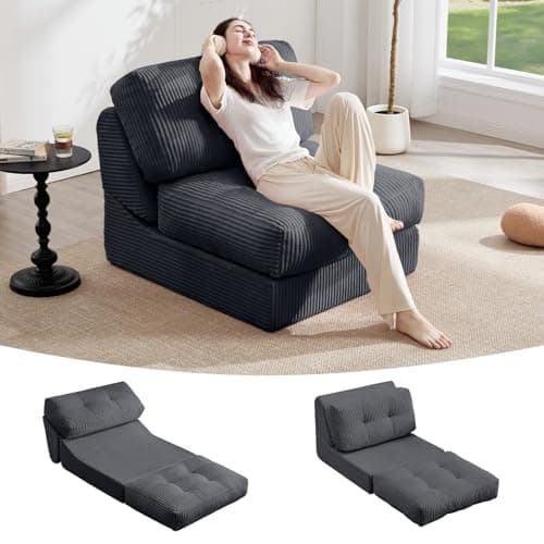 Tbfit 35.8‘’ Oversized Folding Sofa Bed, Convertible Sleeper Chair with Adjustable Back, Corduroy Folding Couch Bed, Portable & Foldable Boneless Floor Sofa for Living Room, Bedroom, Dark Grey
