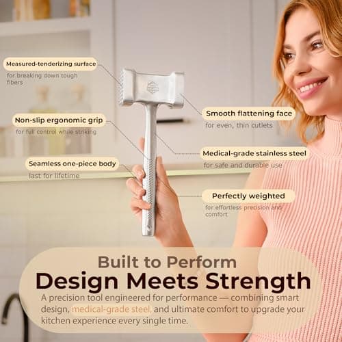 Stainless Steel Meat Mallet Hammer Tenderizer, Textured Grip Meat Mallet Tenderizer, 1.1lb Single-Piece Chicken Pounder, Large Surface Meat tenderizer Tool, 5-Year Warranty, Ablandador de carne - Thumbnail 3