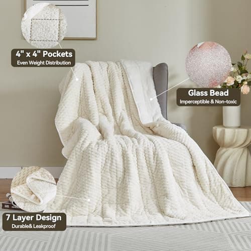 Weighted Blanket Queen Size for Adults,15lbs Jacquard Sherpa Heavy Blanket for Calming and Relax, Dual Sided Ultra Soft Fuzzy Throw Blanket with Glass Beads, 48" x 72", Cream White - Thumbnail 6