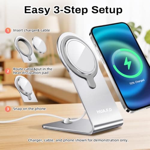 HUAFD MagSafe Charger Stand Compatible with Apple MagSafe Charger 15W/25W, Aluminum Desktop Dock for iPhone 17/16/15/14/13/12, Portrait & Landscape Viewing, Cable Slot, Charger Not Included, Silvery - Thumbnail 3
