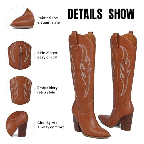 Celbreez Women's Cowboy Boots Brown Cowgirl Boots with Embroidered Knee High Cowboy Boot Women Pointed Toe Side Zipper Western Boot Leather Wide Calf Chunky Heel Country Shoes - Thumbnail 6