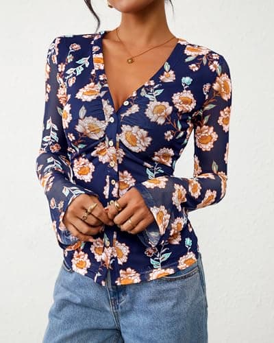 BTFBM Button Down Shirts for Women 2026 Spring Boho Tops V Neck Long Sleeve Blouses Ruched Mesh Fitted Fashion Clothing(Blue, X-Large) - Thumbnail 4