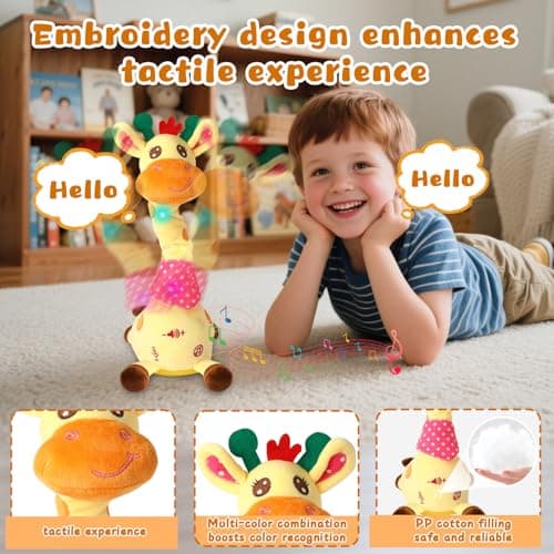 JISONCASE Talking Dancing Giraffe Baby Toy, Adjustable Volume Tummy Time Toy Repeating What You Say, Singing Mimicking Recording Sensory Education Gifts for Toddlers Boy Girls - Thumbnail 4